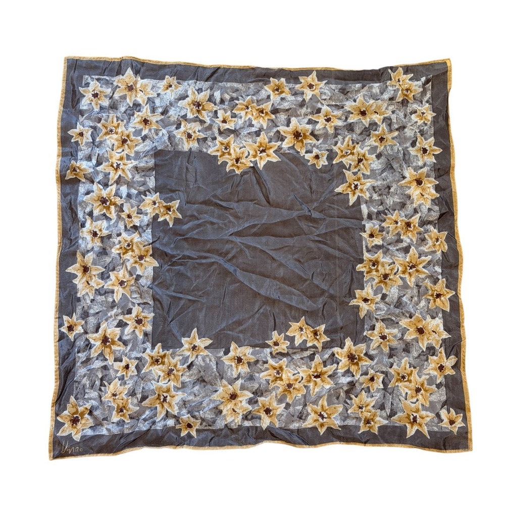 Vera Neumann Vintage Silk Blend Square Scarf Floral Lily Grey Gold Japan